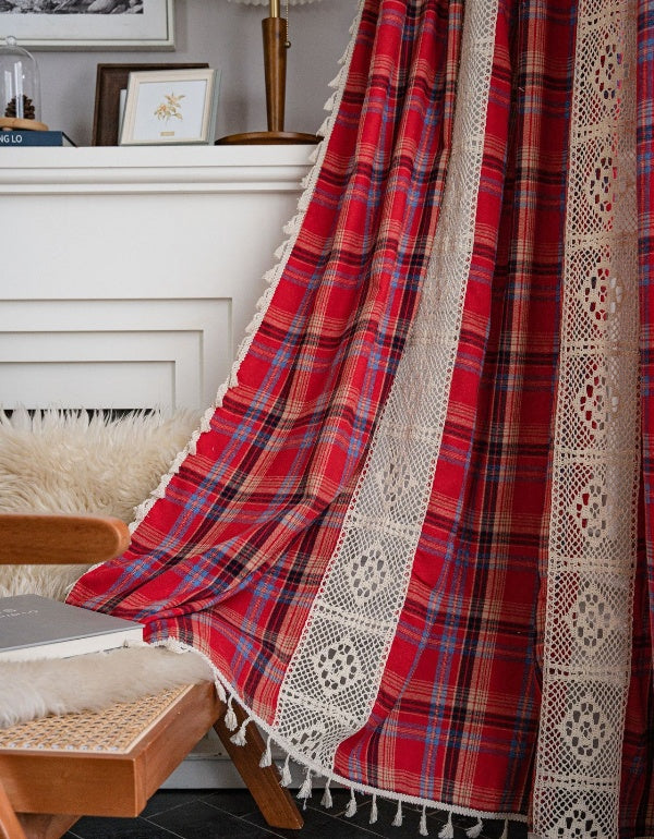 Red Plaid Patchwork Hollow Lace Curtains