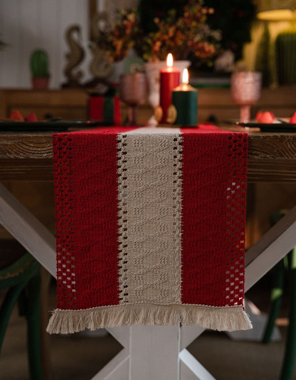 Christmas Atmosphere Striped Splicing Woven Tassel Table Runner