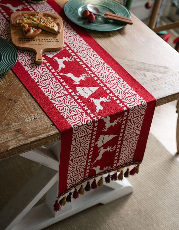 Drapeau de table Jacquard rouge avec élan de Noël