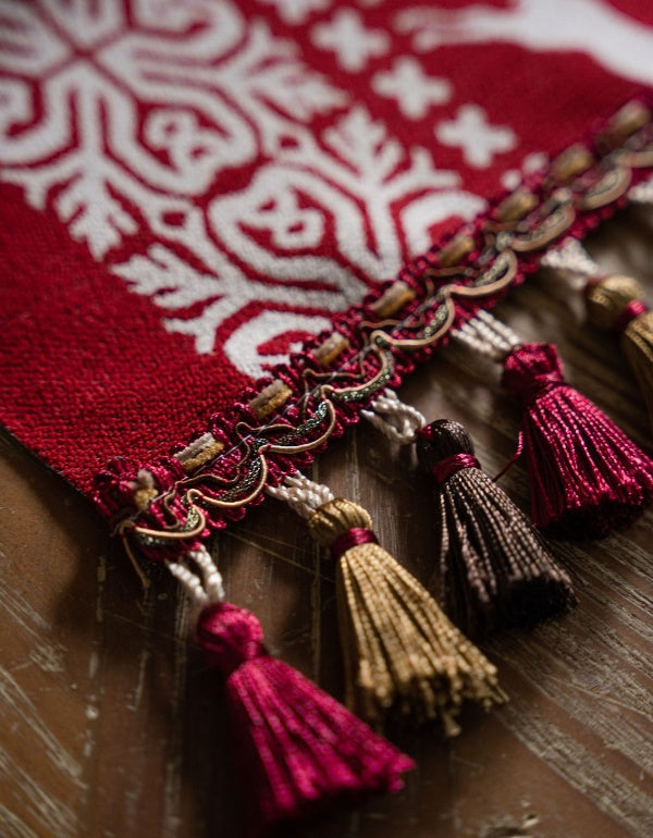 Bandera de mesa de jacquard roja con diseño de alce navideño