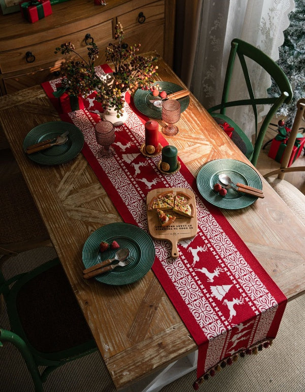 Drapeau de table Jacquard rouge avec élan de Noël