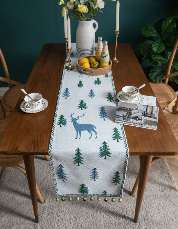 Chemin de table en jacquard avec décoration de Noël en forme de cerf en pin