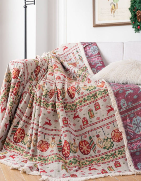 Manta de sofá vintage gruesa con diseño de jacquard navideño