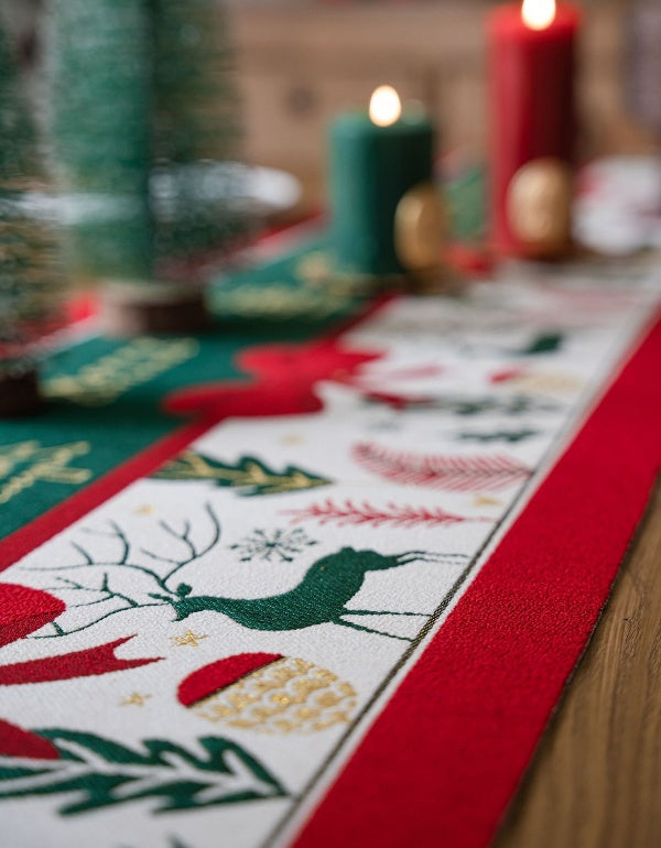 Camino de mesa con borlas y lazo con ambiente navideño