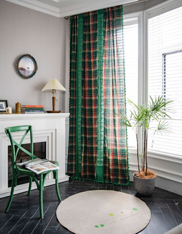 Cortinas de encaje hueco con patchwork de cuadros verdes