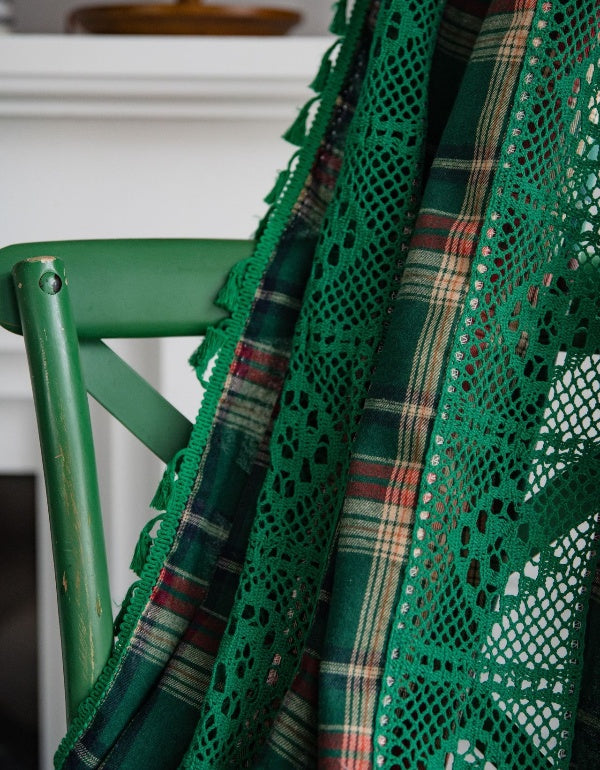 Green Plaid Patchwork Hollow Lace Curtains