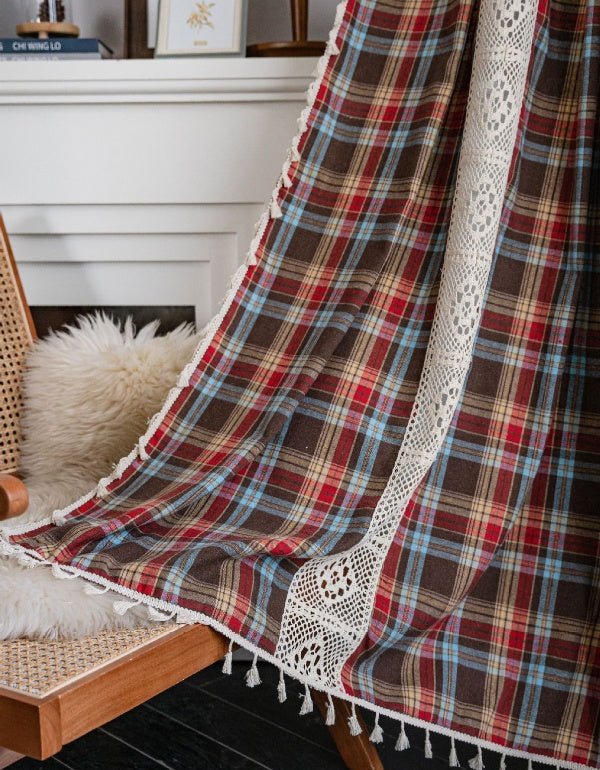 Red Coffee Plaid Patchwork Hollow Lace Curtains