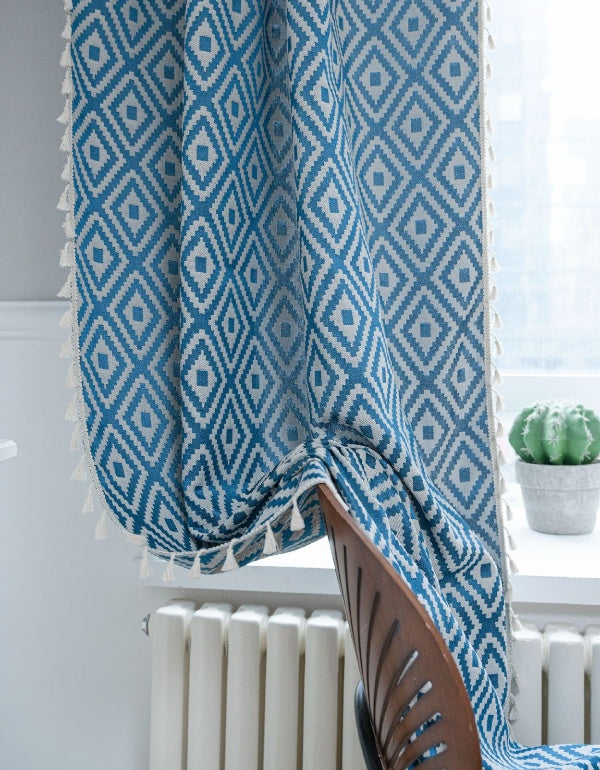 Striped Embroidered Solid Color Tassel Curtains