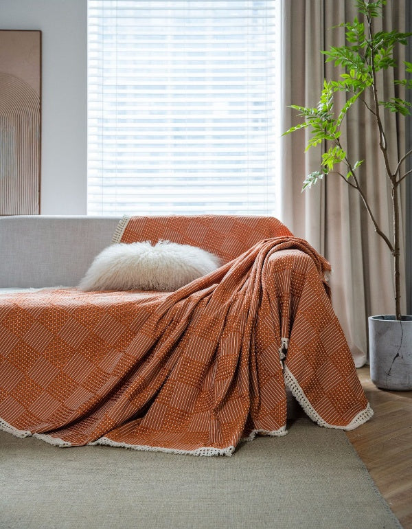 Orange Mesh Thick Retro Multifunctional Tassel Blanket