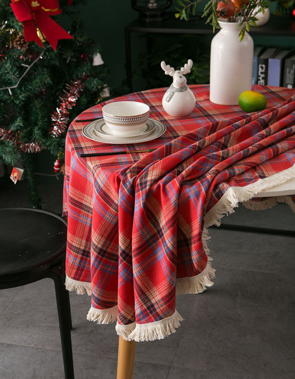 Nappe de table rouge de Noël à carreaux et pompons