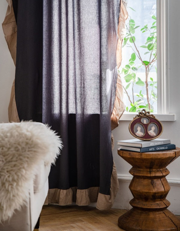 Ruffled Contrast Gray French Semi-Blackout Curtains