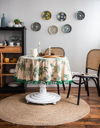 Green Pine Branch Print Tassel Round Tablecloth