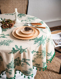 Green Pine Branch Print Tassel Round Tablecloth