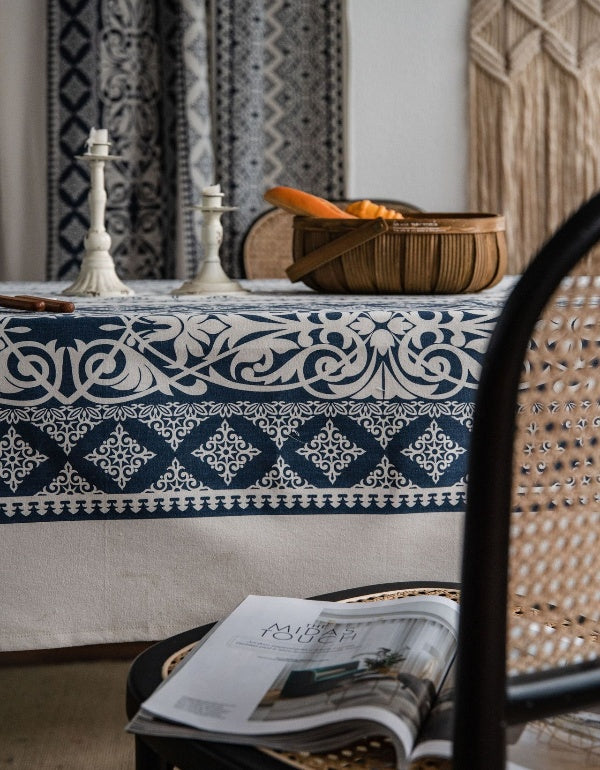 Printed Blue And White Porcelain Vintage Tablecloth