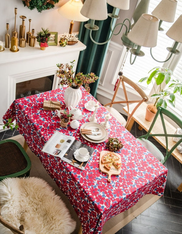 Red Floral Printed Christmas Festive Tablecloth