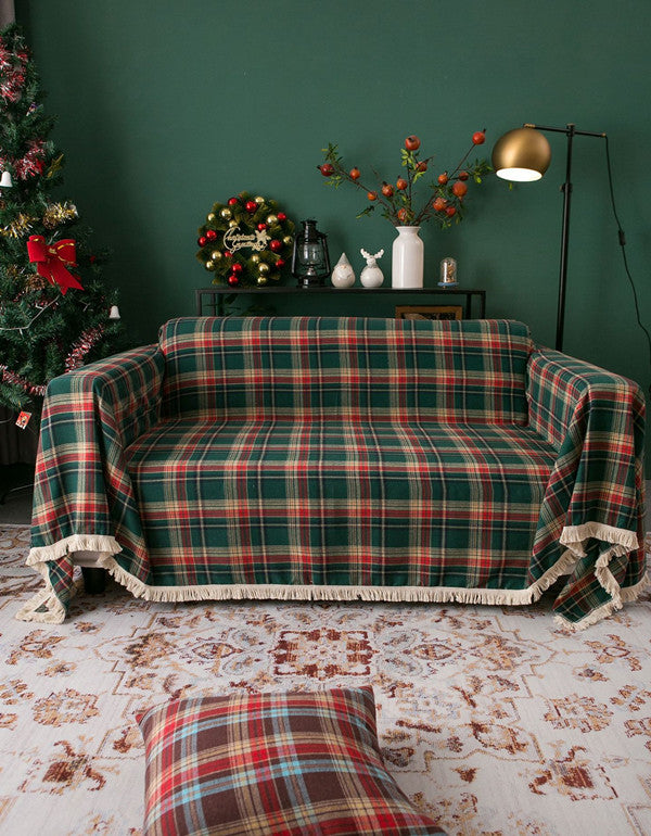 Green Christmas Plaid Tassel Sofa Cover