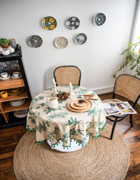 Green Pine Branch Print Tassel Round Tablecloth