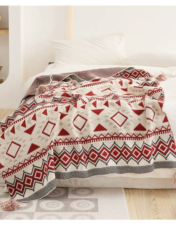 Bohemian Geometric Red Knitted Blanket