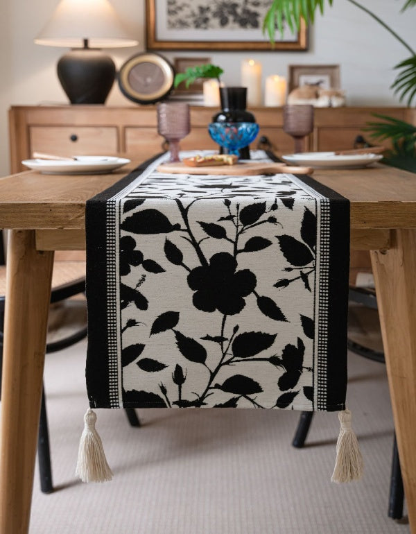 Black&White Large Flower Tassel Table Runner