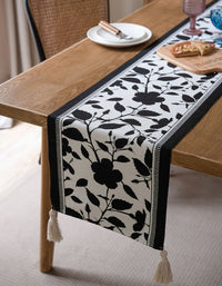 Black&White Large Flower Tassel Table Runner