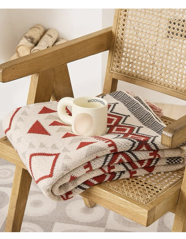 Bohemian Geometric Red Knitted Blanket