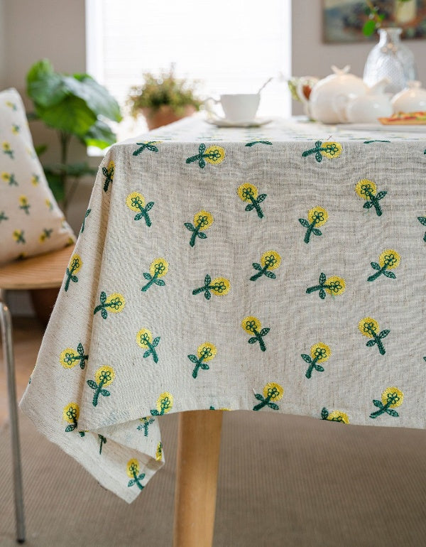 Floral Embroidered Geometric Cotton and Linen Tablecloth