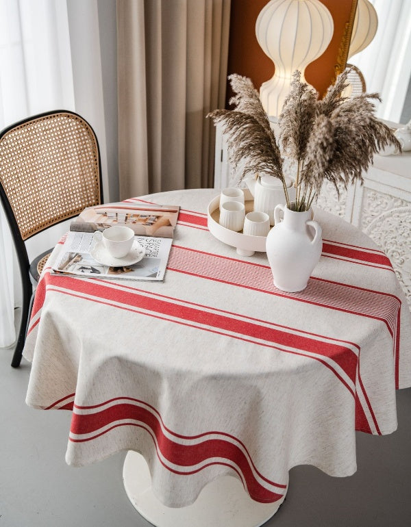 Red/Navy Blue Striped Round Dustproof Table Cloth