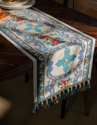 Chemin de table à pampilles en tissu jacquard bleu contrasté