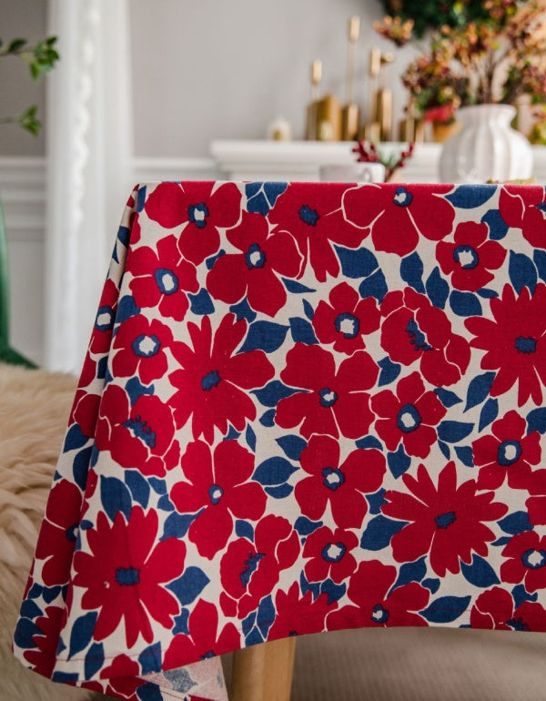 Red Floral Printed Christmas Festive Tablecloth