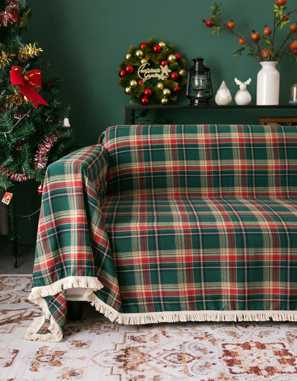 Green Christmas Plaid Tassel Sofa Cover