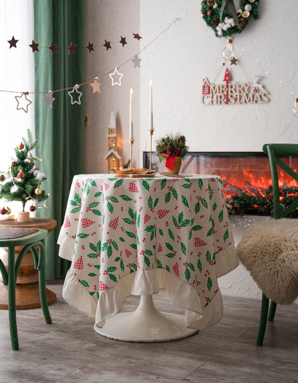 Mantel festivo con estampado de hojas verdes del este en forma de corazón y volantes