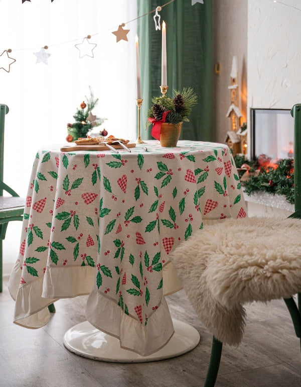 Mantel festivo con estampado de hojas verdes del este en forma de corazón y volantes