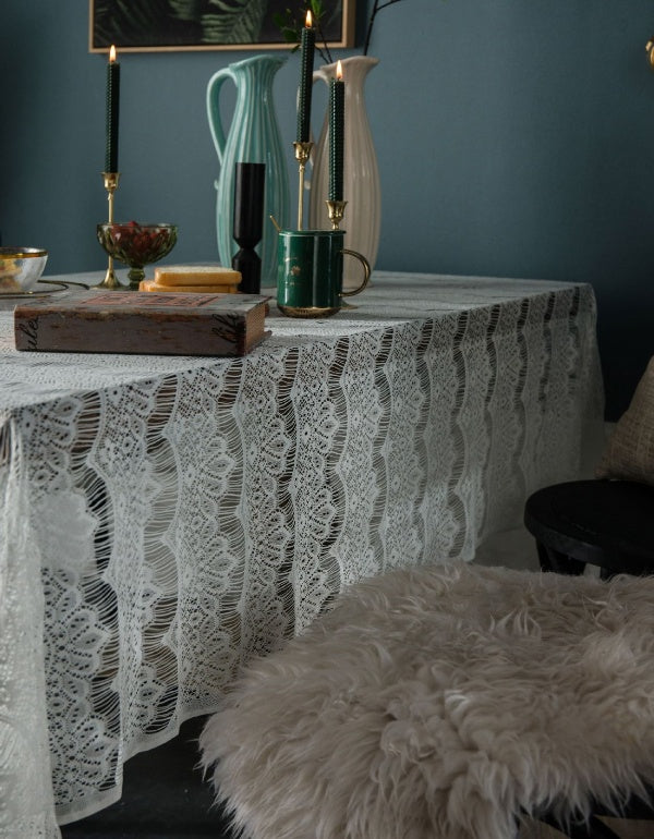 White Hollow Wavy Eyelash Lace Table Cloth