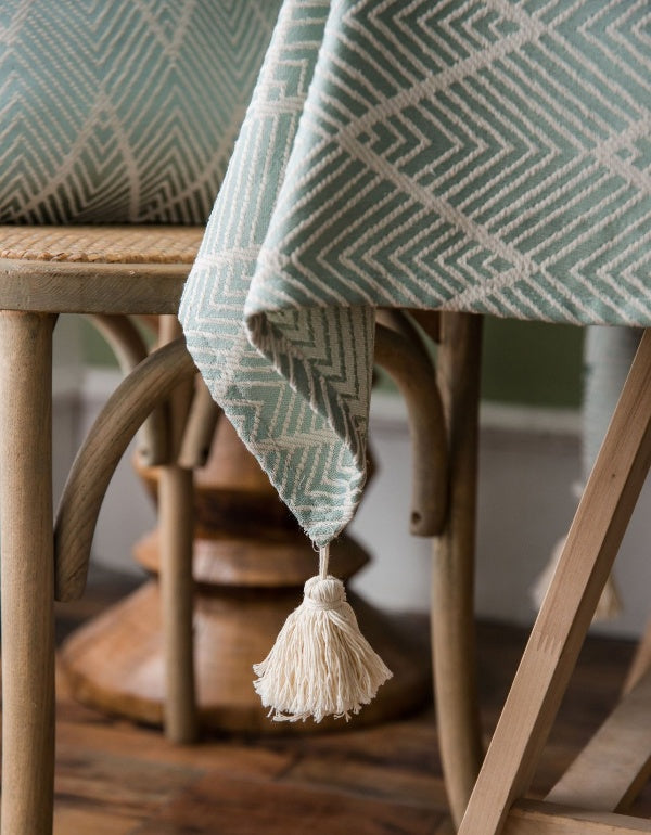 Light Green Fresh Waterproof Jacquard Tassel Tablecloth