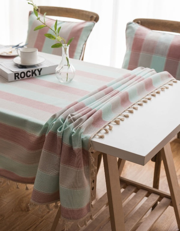 Pink Wide Stripe Waterproof Simple Table Cloth