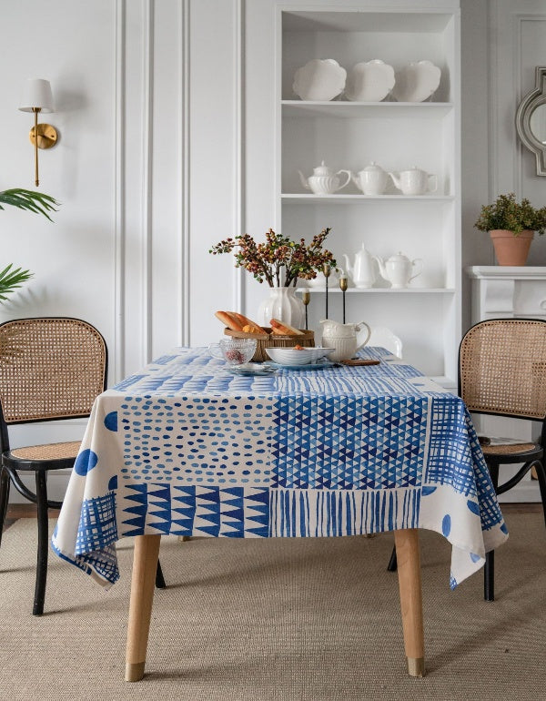 Blue Puzzle Geometric Print Simple Cotton  Linen Tablecloth