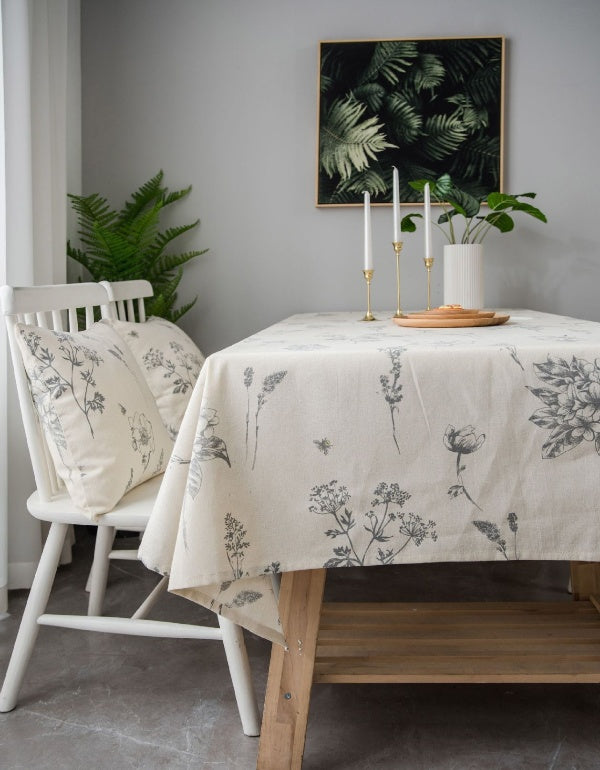 Little Bee Gray Flower Print Sketch Fresh Table Cloth