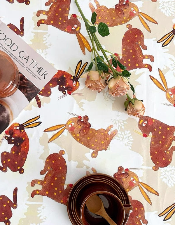 Autumn Retro Caramel Rabbit Waterproof Tablecloth