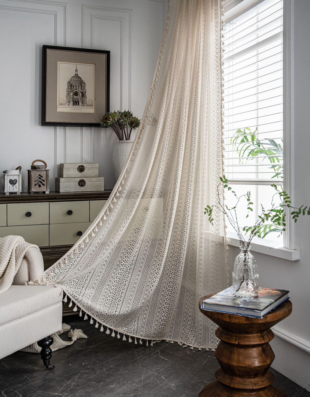 Beige Crochet Retro Hollowed Bedroom Lace Curtains