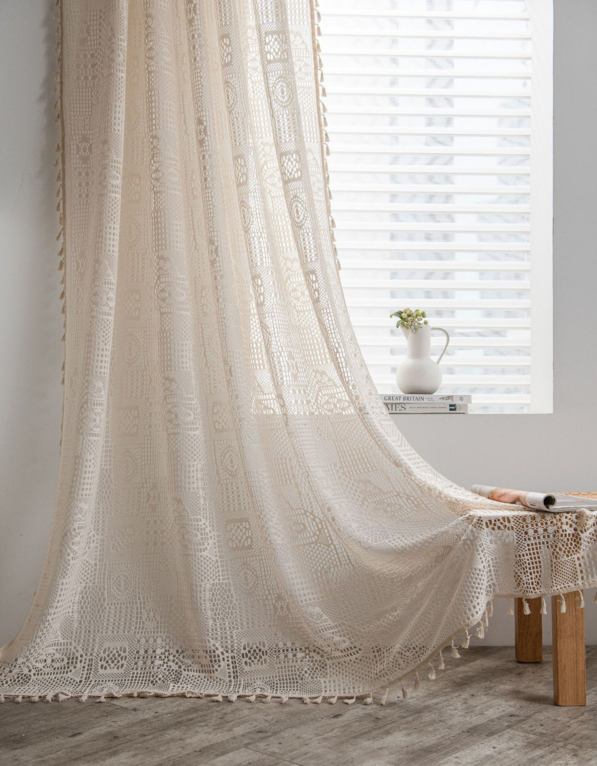 Beige Crochet Retro Hollowed Lace Curtains