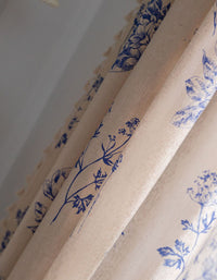 Beige Tassel Edge Blue Flower Printed Curtain