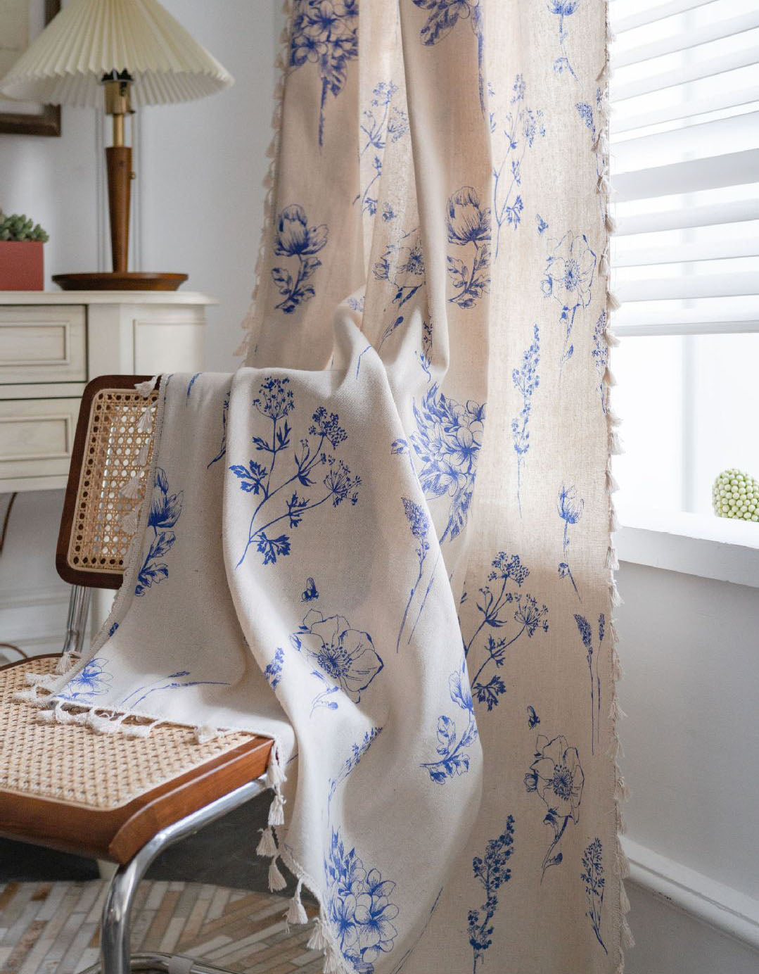 Beige Tassel Edge Blue Flower Printed Curtain