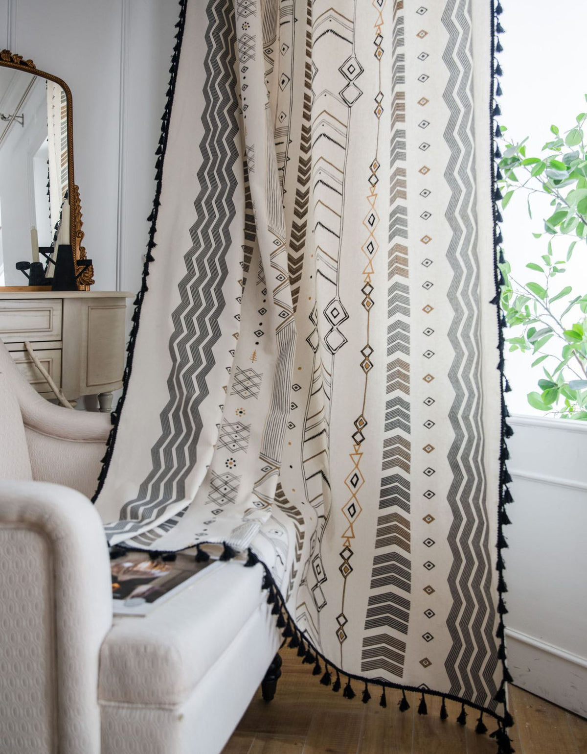 Black Tussle Printed Bohemian Style Curtains