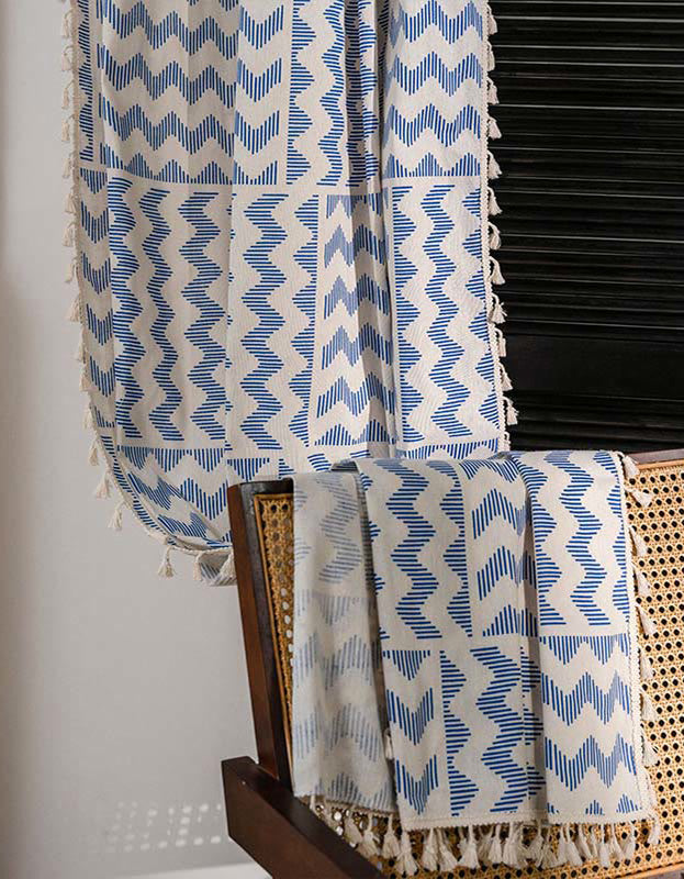 Blue Geometric Pattern Cotton Linen Curtains