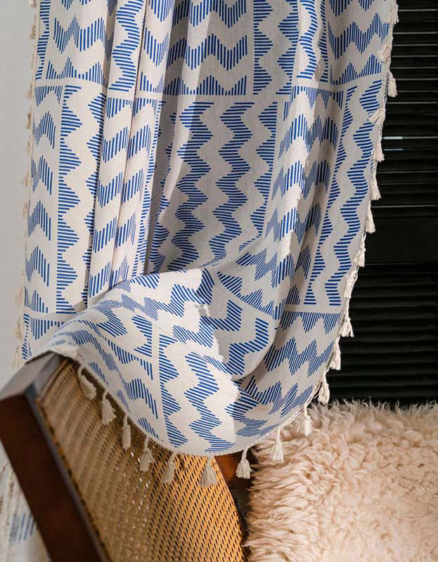 Blue Geometric Pattern Cotton Linen Curtains