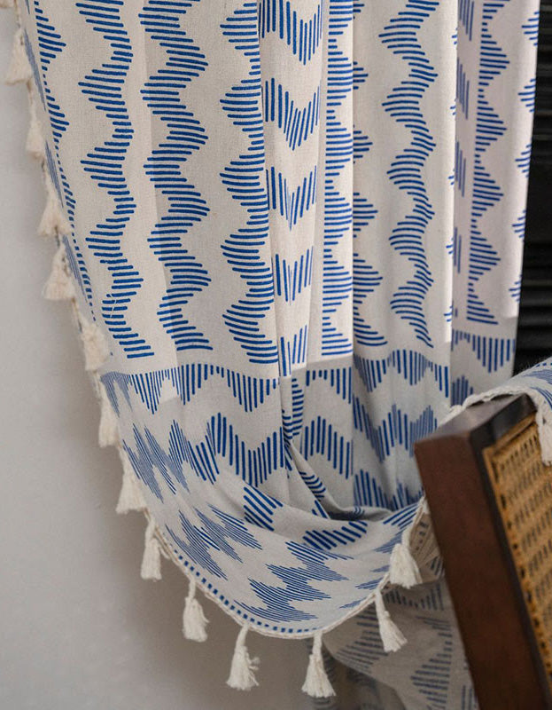 Blue Geometric Pattern Cotton Linen Curtains