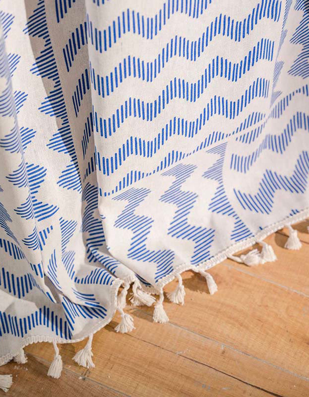 Blue Geometric Pattern Cotton Linen Curtains