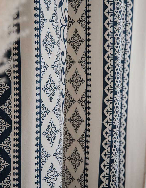 Rideaux en coton et lin à motifs géométriques bleus