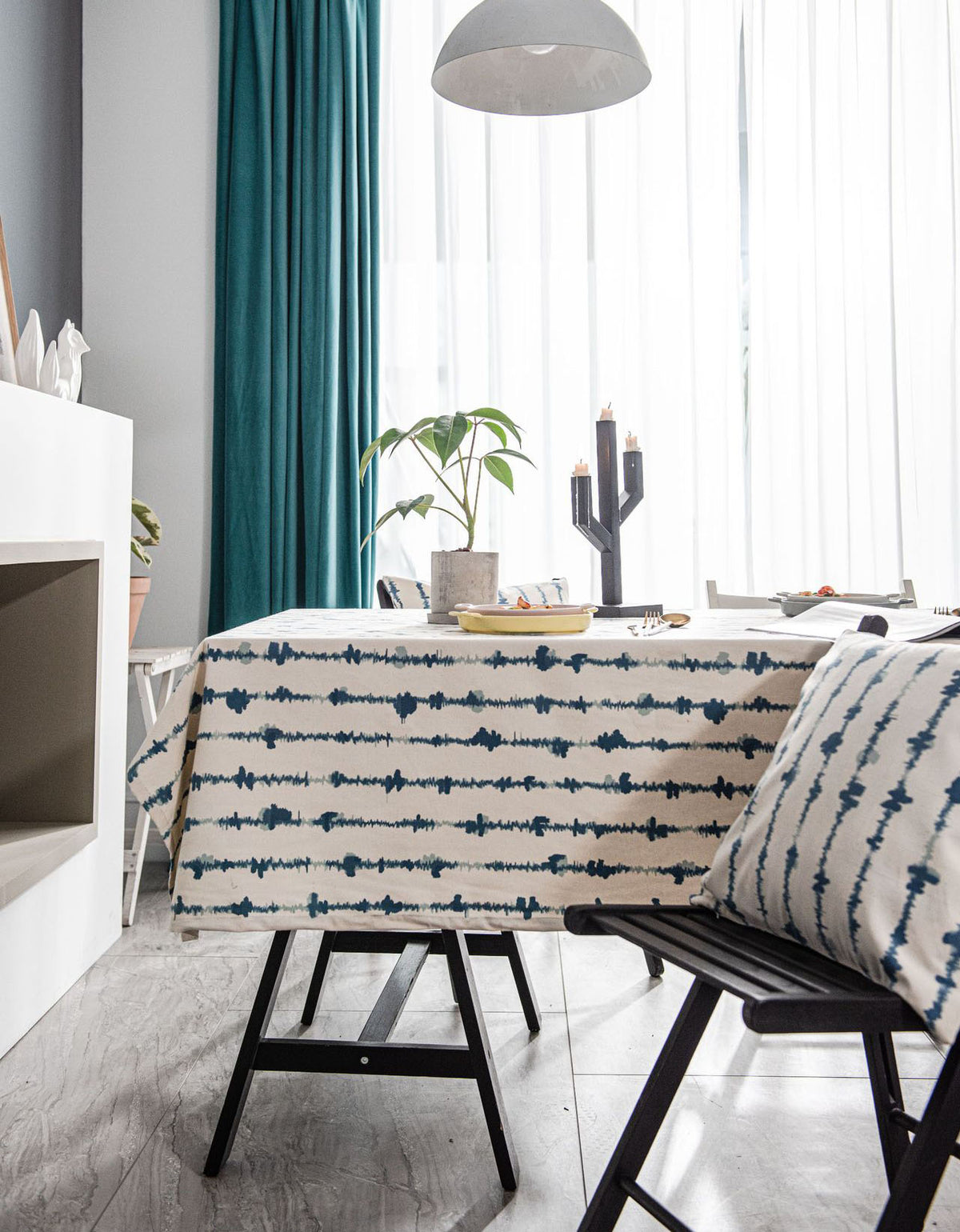 Blue Stripe Dyed Cotton Linen Household Tablecloth