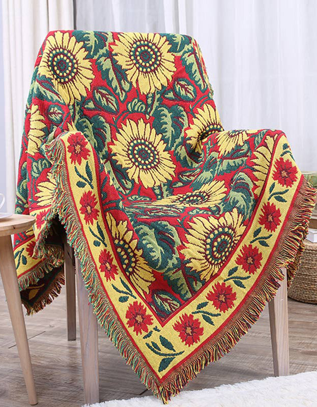 Bohemian Red Sunflower Tassel Knit Bedcover Sofa Blanket